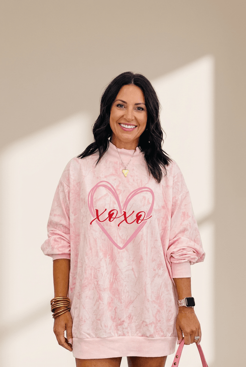 Pink Tie Dye xoxo Heart Printed Mock Neck Sweatshirt