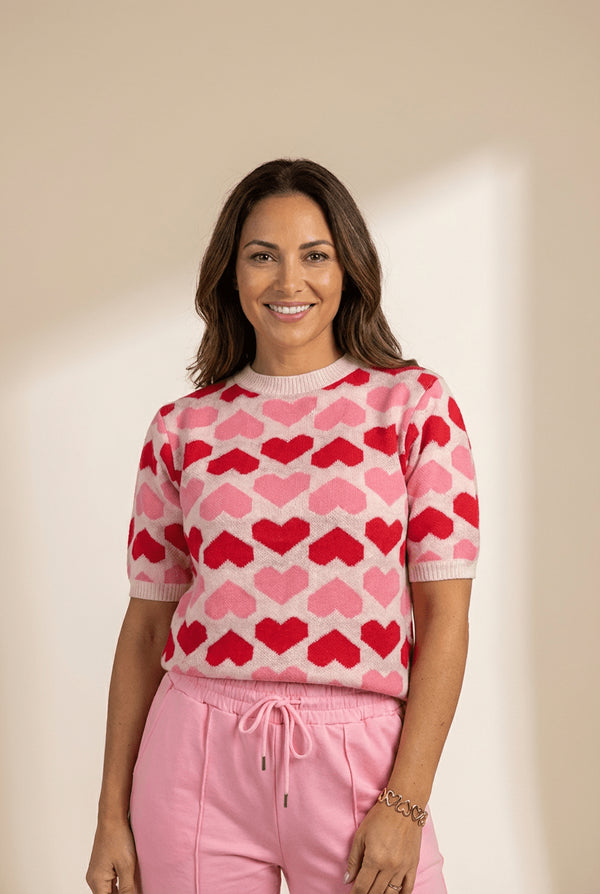 Women's Pink Two-Tone Heart Print Women's Crew Neck Sweater - Cute Casual Short Sleeve Top for Valentine's Day Style