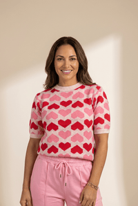 Women's Pink Two-Tone Heart Print Women's Crew Neck Sweater - Cute Casual Short Sleeve Top for Valentine's Day Style