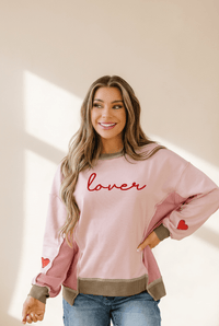 Women's Pink Waffle Color Block Lover Sweatshirt