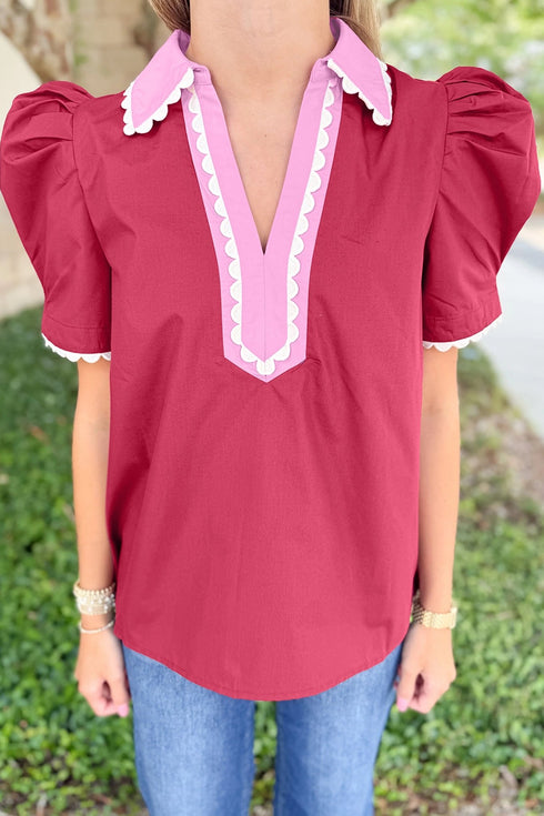 Women's Pitaya Pink and Crimson Cotton Ricrac Trim Blouse with practical styling and dependable silhouette control.