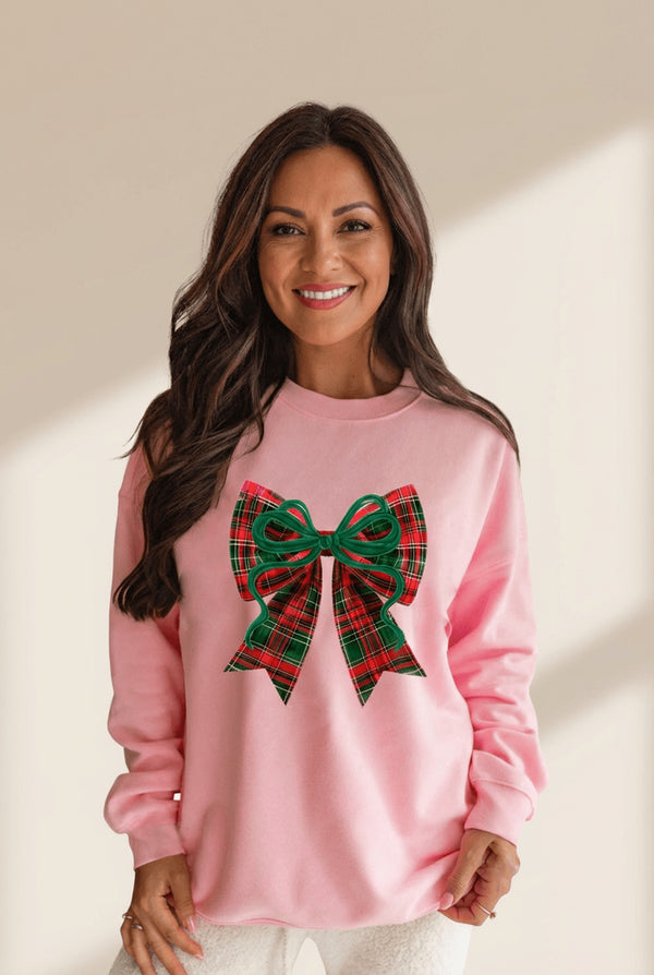 Women's Plaid Bow Graphic Pink Sweatshirt | Cotton-Blend Holiday Top