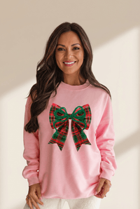 Women's Plaid Bow Graphic Pink Sweatshirt | Cotton-Blend Holiday Top