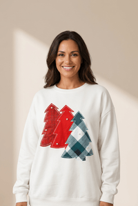 Women's Plaid Christmas Tree Patchwork Sweatshirt with Pearl Accents