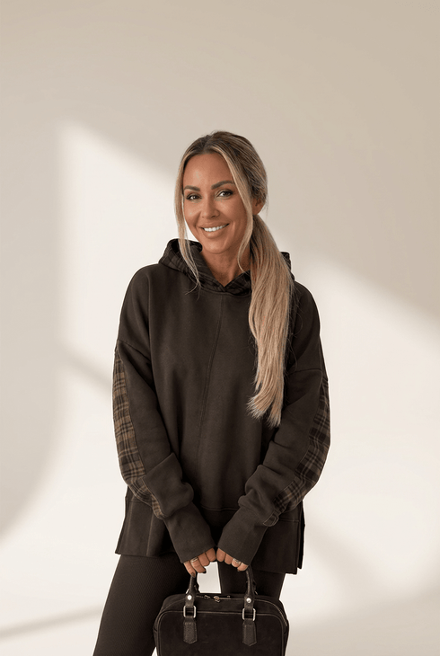 Women's Plaid Patchwork Oversized Hoodie in Chicory Coffee