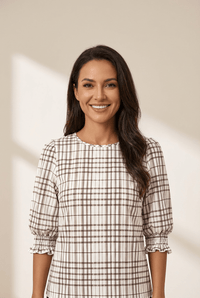 Women's Plaid Puff Sleeve Blouse with Smocked Frill Cuffs