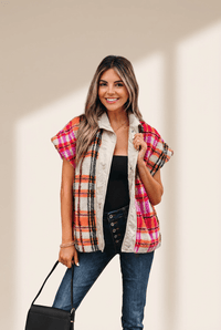 Women's Plaid Sherpa Short Sleeve Vest in Pink and Orange