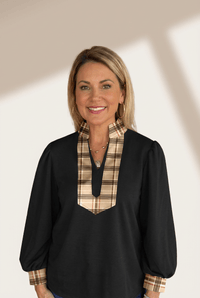 Women's Plaid Trim V-Neck Blouse with Lantern Sleeves