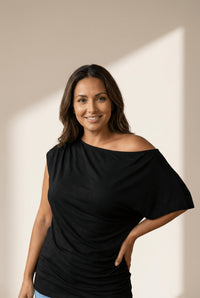 Women's Plus Size Black Asymmetric Drape Blouse with Ruched Detail