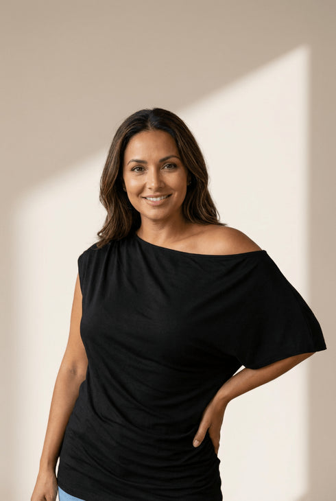 Women's Plus Size Black Asymmetric Drape Blouse with Ruched Detail