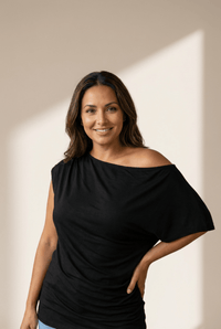 Women's Plus Size Black Asymmetric Drape Blouse with Ruched Detail