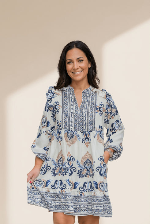 Women's Plus Size Bohemian Split Neck Mini Dress in Indigo Paisley