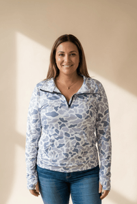 Women's Plus Size Camouflage Quarter-Zip Pullover with Kangaroo Pocket