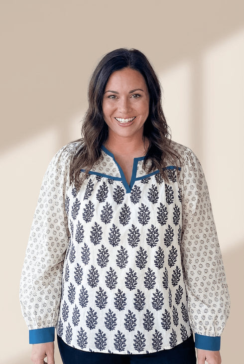 Women's Plus Size Cotton Boho Floral Blouse with Contrast Split Neck