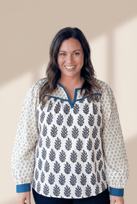 Women's Plus Size Cotton Boho Floral Blouse with Contrast Split Neck