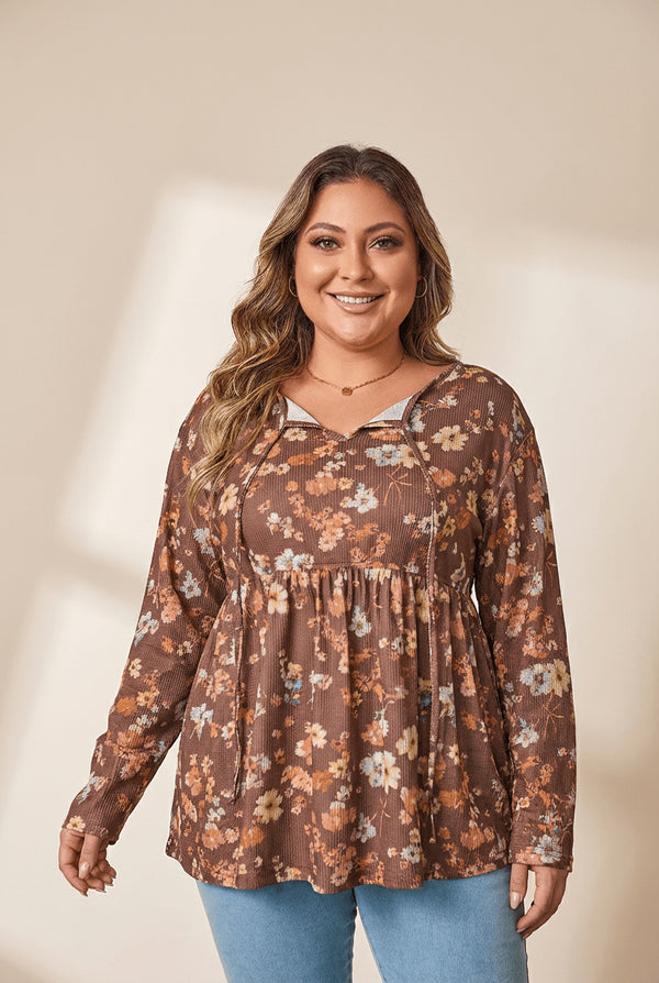Women's Plus Size Floral Babydoll Blouse with V-Neck Tie