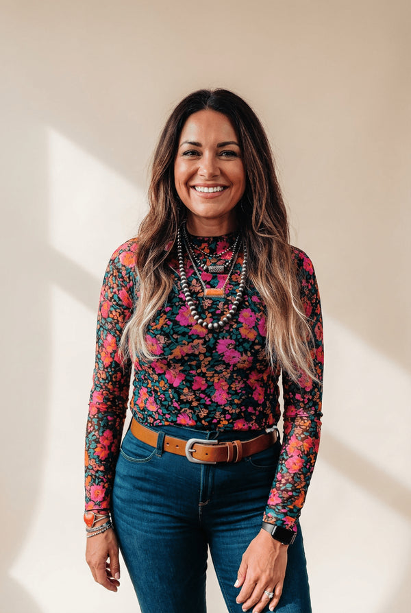 Women's Plus Size Floral Mesh Mock Neck Top in Magenta and Teal with practical styling and dependable silhouette control.