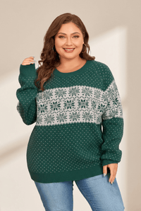 Women's Plus Size Forest Green Snowflake Knit Crewneck Sweater