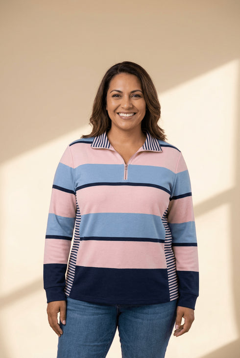 Women's Plus Size Pastel Striped Quarter-Zip Colorblock Pullover