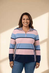 Women's Plus Size Pastel Striped Quarter-Zip Colorblock Pullover