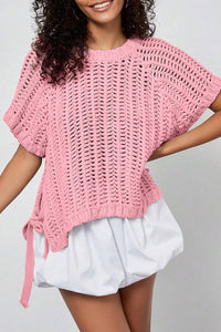 Pink Plus Size Open Knit Bow Tie Short Sleeve Sweater