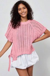 Pink Plus Size Open Knit Bow Tie Short Sleeve Sweater