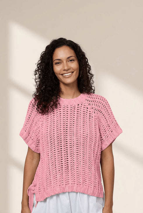 Women's Plus Size Pink Open Knit Short Sleeve Sweater with Ties