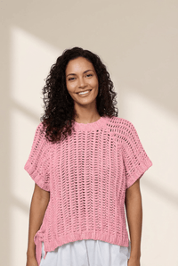 Women's Plus Size Pink Open Knit Short Sleeve Sweater with Ties