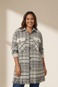 Women's Plus Size Plaid Tweed Shacket with Fringe Hem