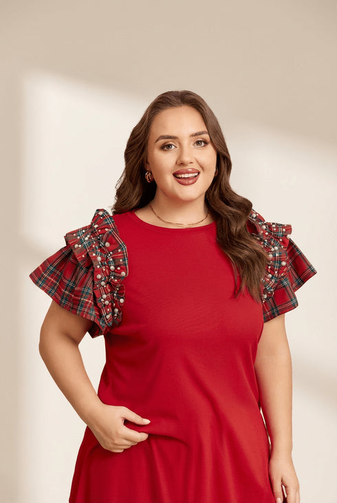 Women's Plus Size Racing Red Ruffle Sleeve Top with Plaid Accents made for easy styling and wardrobe coordination, with premium-like structure and