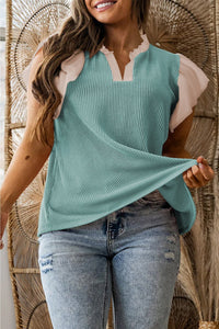 Light Blue Plus Size Contrast Frilled Neckline Ruffled Short Sleeve Ribbed Textured Blouse