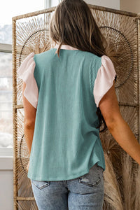 Light Blue Plus Size Contrast Frilled Neckline Ruffled Short Sleeve Ribbed Textured Blouse