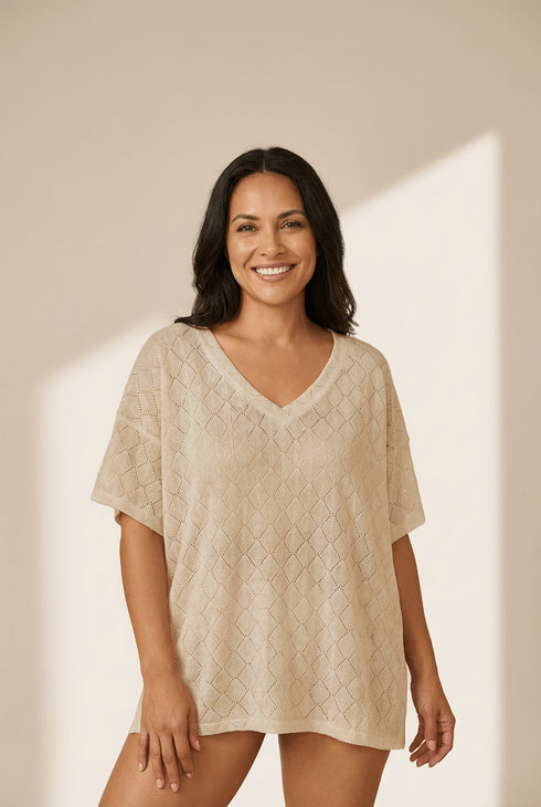 Women's Plus Size V-Neck Pointelle Knit Top in Golden Rhombus Design