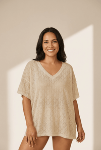 Women's Plus Size V-Neck Pointelle Knit Top in Golden Rhombus Design