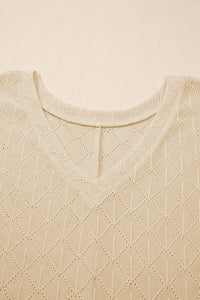 Golden Fleece Pointelle Rhombus Knit Plus Size V Neck Loose Top