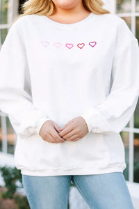 White Plus Size Twisted Ribbed XOXO Valentines Heart Detail Embroidered Sweatshirt