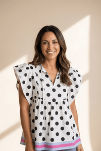Women's Polka Dot Babydoll Blouse with Striped Hem and Flutter Sleeves with practical styling and dependable silhouette control.
