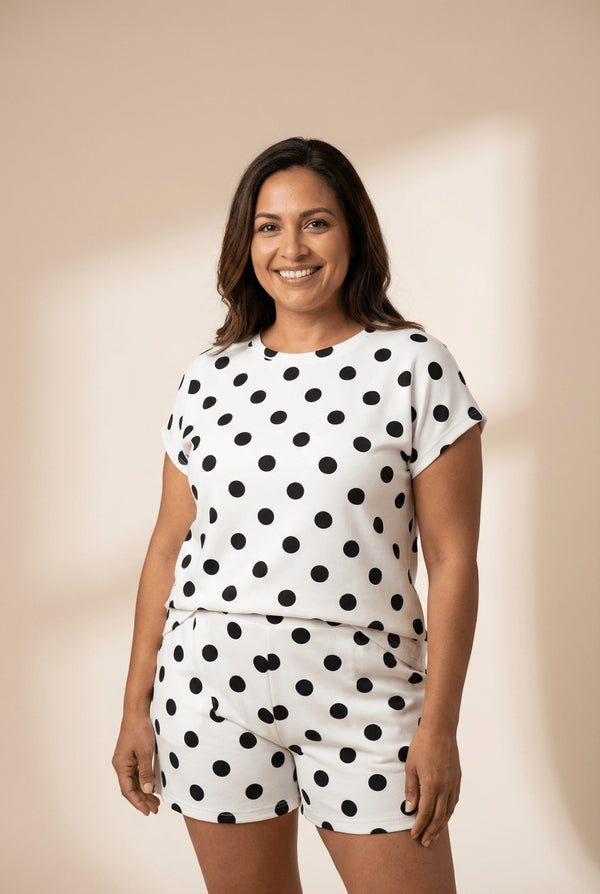 Women's Polka Dot Scuba Knit Two-Piece Set with Relaxed Shorts