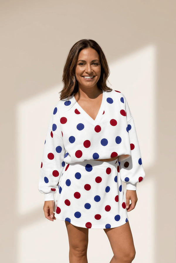 Women's Polka Dot V-Neck Pullover and A-Line Mini Skirt Set