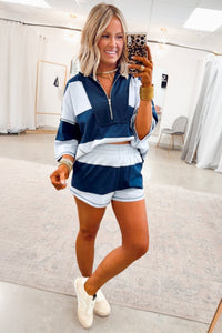Prussian Blue Exposed Seam Detail Half Sleeve Top Elastic Waist Shorts 2pcs Set