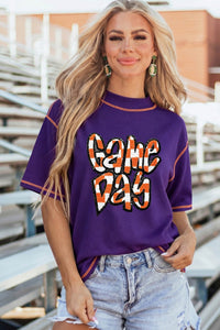 
Women's Purple Checkered Game Day Chenille Tee with Contrast Seams - Stylish, Comfortable Graphic Top for Casual Outings