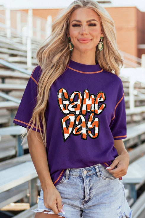 Women's Purple Checkered Game Day Chenille Tee with Contrast Seams - Stylish, Comfortable Graphic Top for Casual Outings