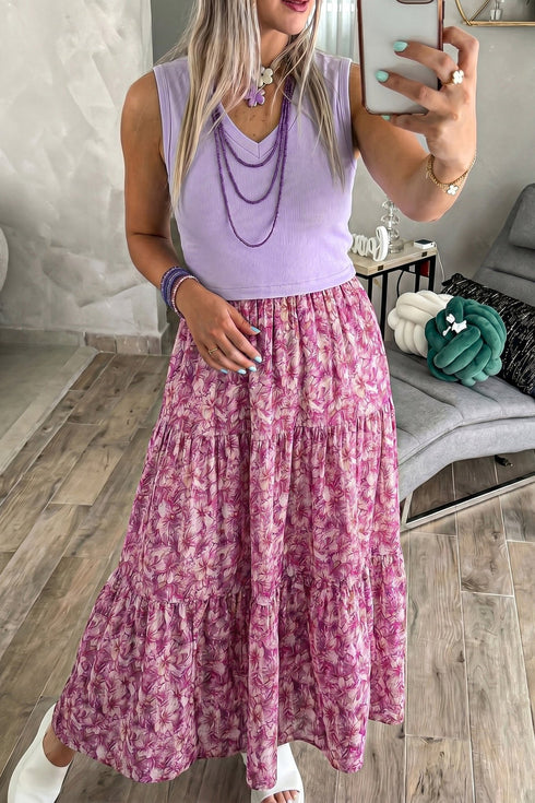 Women's Purple Floral Contrast Patchwork Maxi Dress - Ribbed V-Neck Tank Style, Ideal for Summer Events and Parties