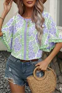 Women's Purple Floral Ruffled Half Sleeve Blouse with Color Block Trim - Stylish, Comfortable, Perfect for Spring