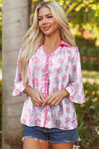 Women's Purple Floral Ruffled Half Sleeve Collared Shirt - Chic and Comfortable Top for Casual or Dressy Events