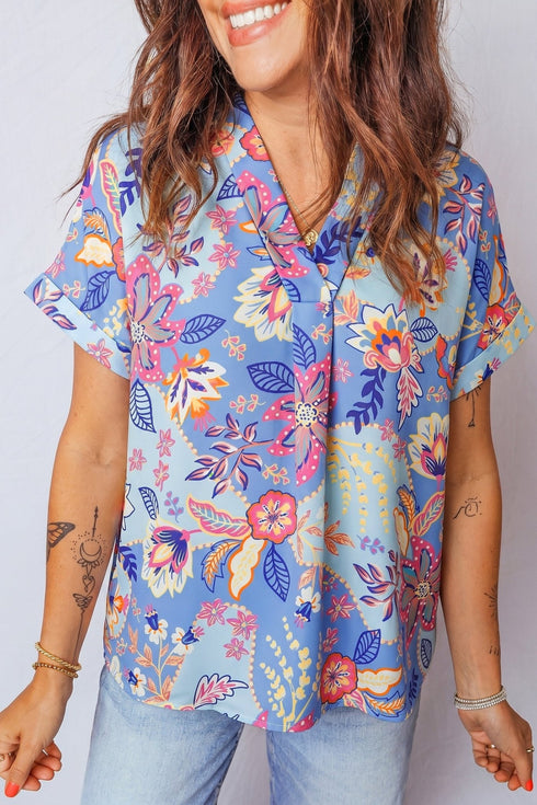 Women's Purple Floral V-Neck Blouse - Short Sleeve, Lightweight, Ideal for Summer Vacations and Casual Outings