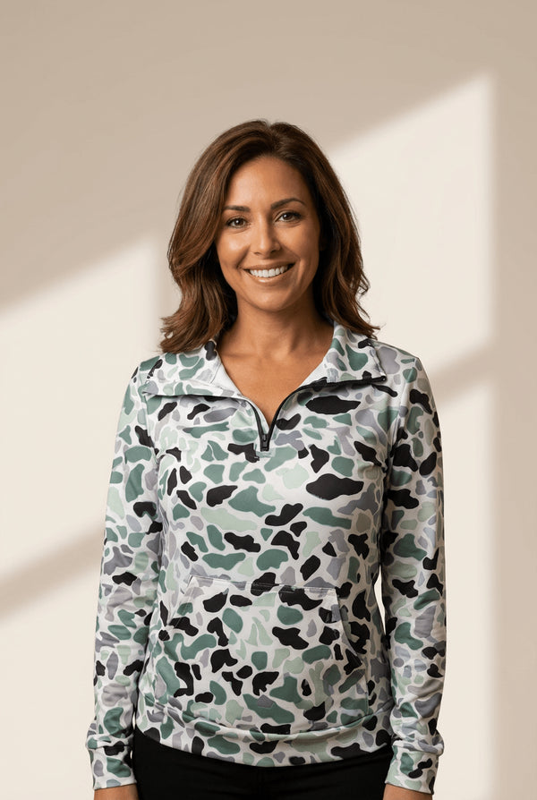 Women's Quarter-Zip Camo Pullover with Kangaroo Pocket