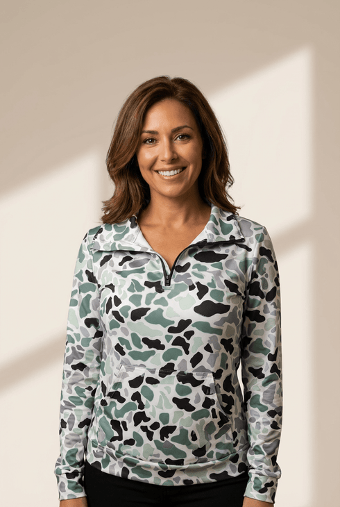 Women's Quarter-Zip Camo Pullover with Kangaroo Pocket