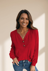 Women's Racing Red Button V-Neck Blouse with Relaxed Silhouette