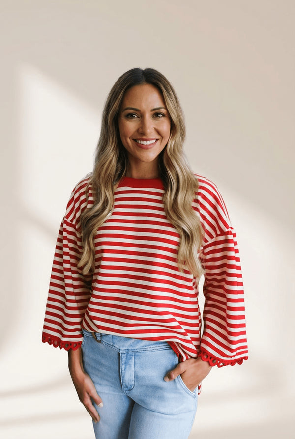 Women's Racing Red Cotton Stripe Top with Eyelet Lace Trim